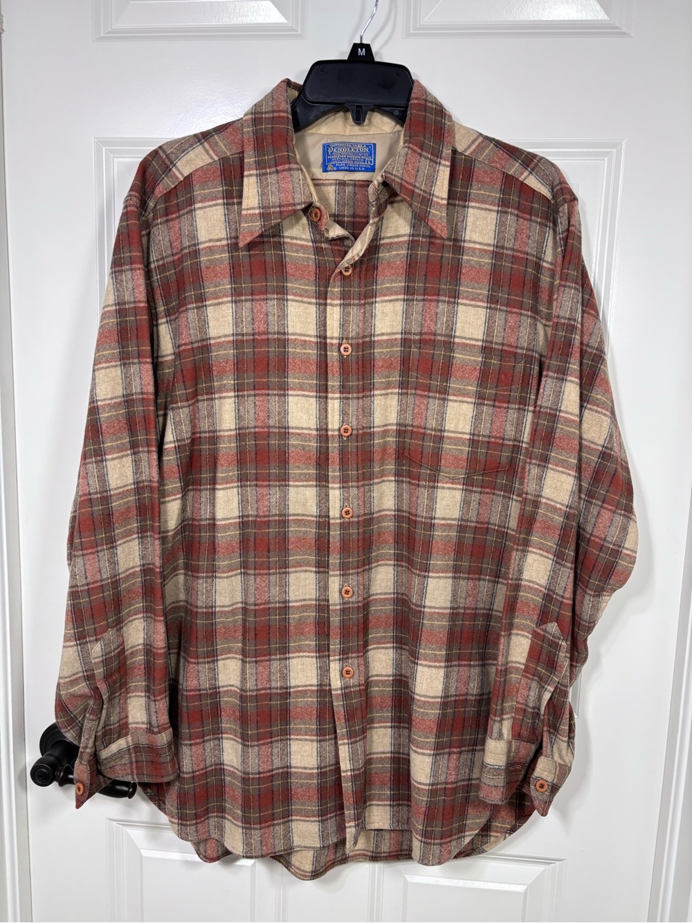 Vintage Pendleton Wool Plaid Button Down Long Sleeve Shirt Men’s L Brown Cream